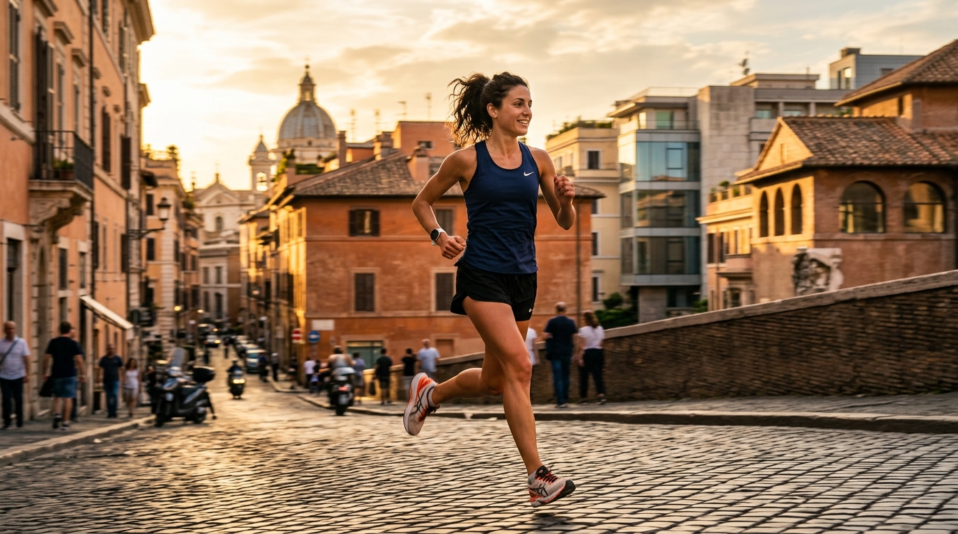 Corridore urbano al tramonto su una strada italiana con palazzi storici sullo sfondo