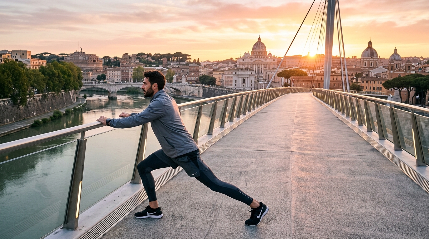 Runner italiano che fa stretching su un ponte moderno con vista panoramica della città