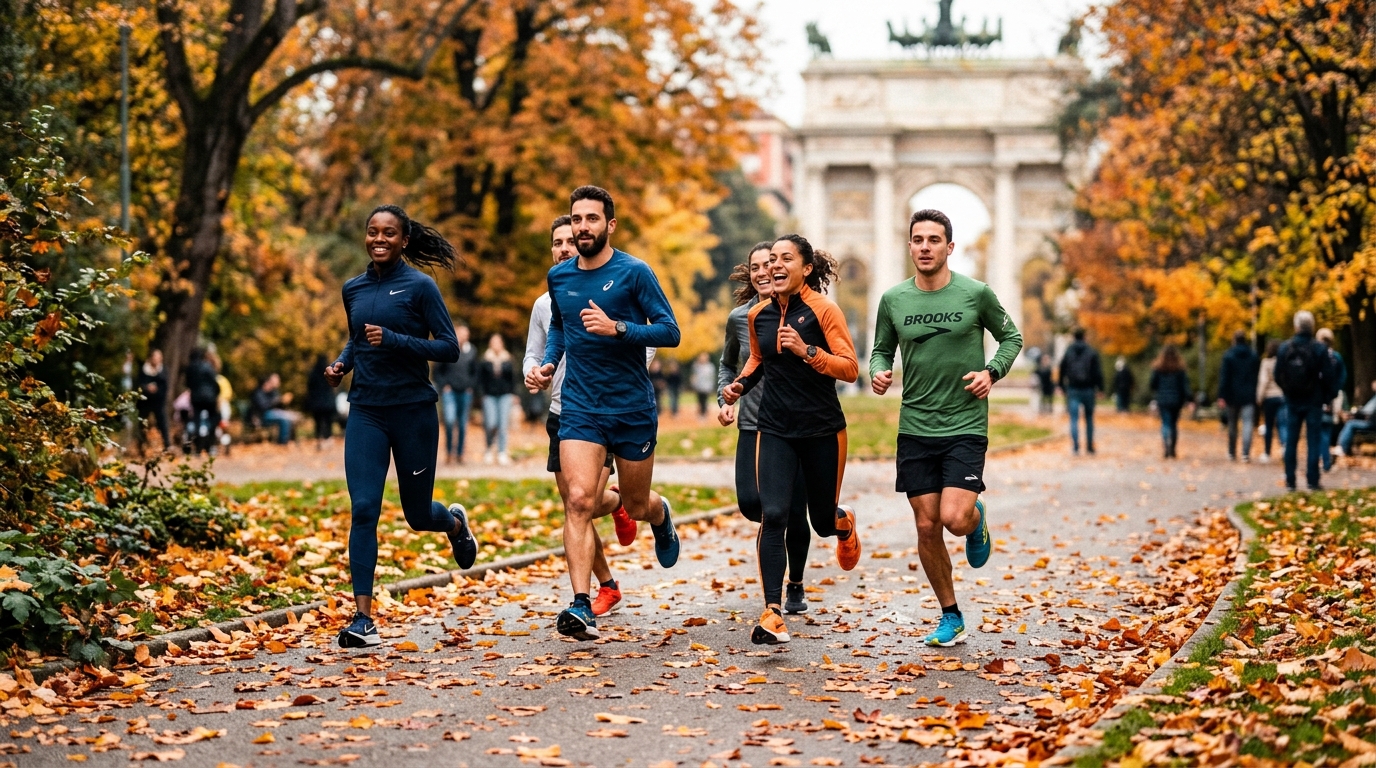 Gruppo di runner italiani che corrono in un parco urbano d'autunno con foglie colorate